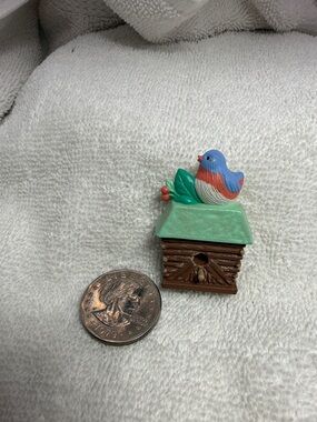Hallmark Blue and Orange Birdhouse Brooch with Green Roof